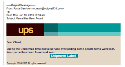 Notice the fraudulent return address, grammatical and language errors, and the link is not a UPS link.